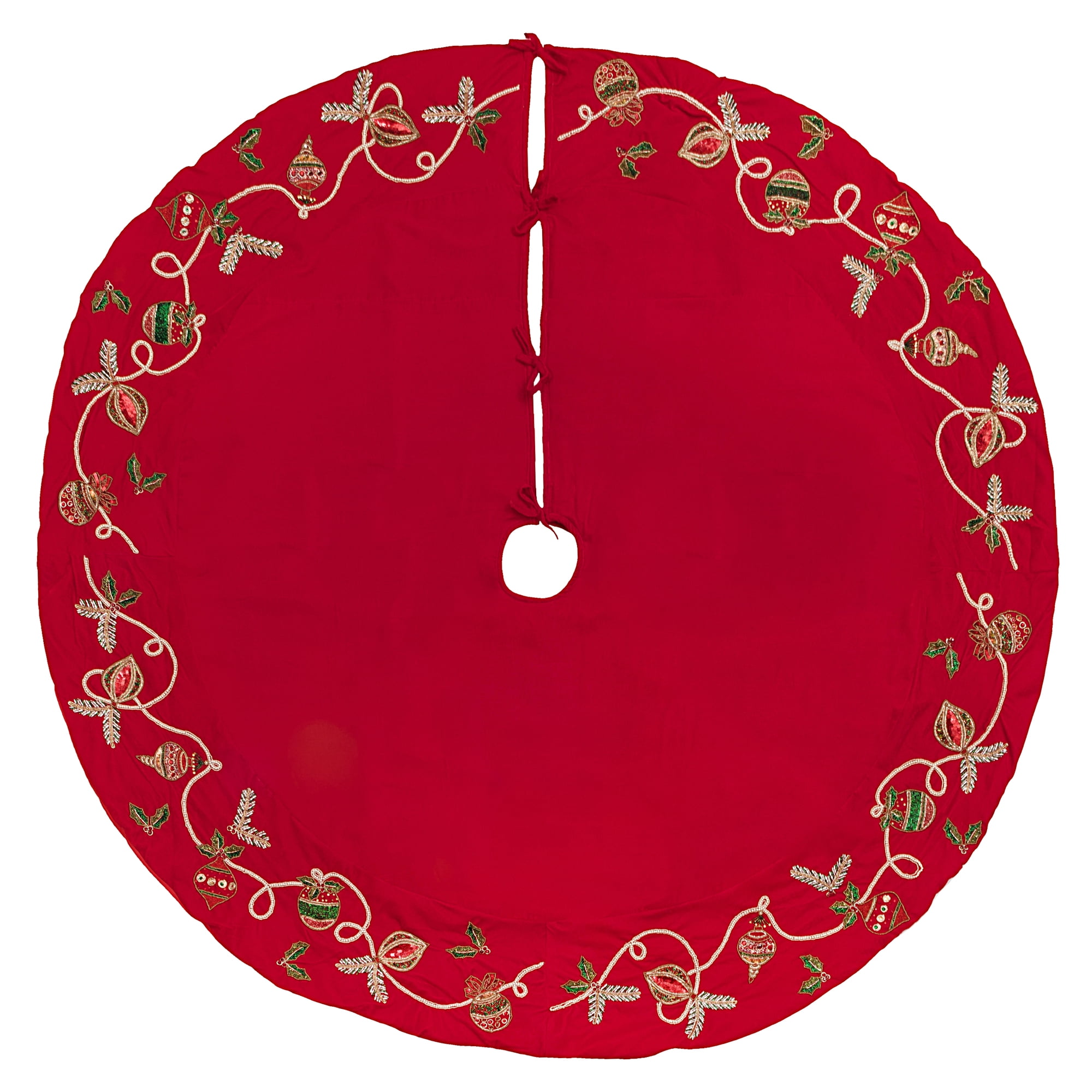 72" Red Velvet Beaded Christmas Tree Skirt with Sequins and Jewels
