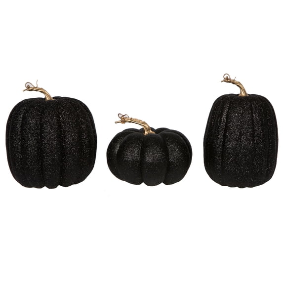 Vickerman 8" Black Pumpkins Set of 3. Three pieces assorted, Fabric pumpkin with polystyrene inner.