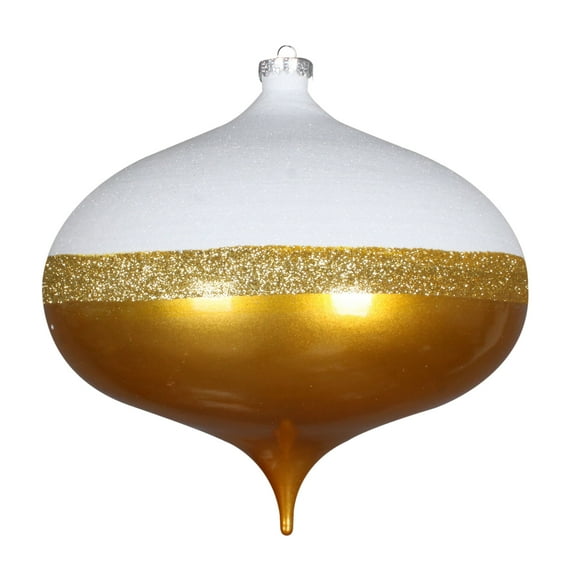 Vickerman 8" Gold Candy/White Glitter Onion Ornament. This ornament features a white glitter top, a stripe of gold glitter, and a candy finish bottom. Made of shatterproof plastic.