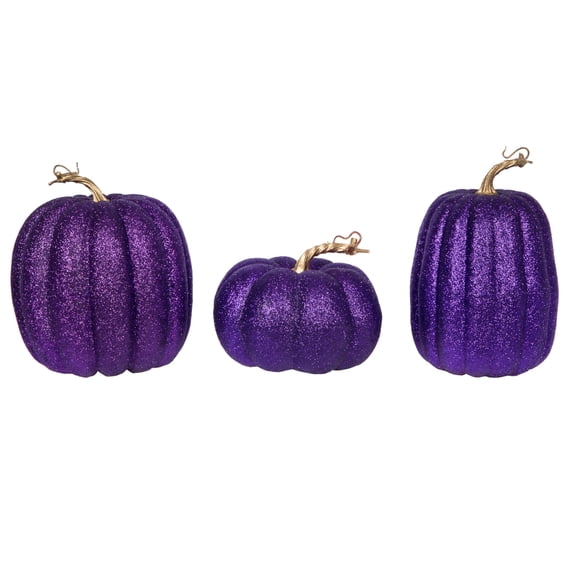 Vickerman 8" Purple Pumpkins Set of 3. Three pieces assorted, Fabric pumpkin with polystyrene inner.