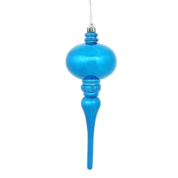 Vickerman 8" x 2.75" Blue Shiny Finial Ornament, with drilled and wired caps. Comes 3 per Bag.