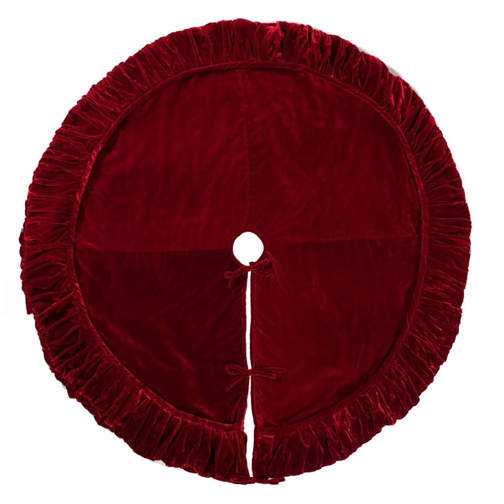 84" Red Velvet Round Christmas Tree Skirt with Ruffled Edge