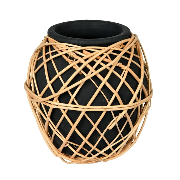 Vickerman 9" Charcoal Terracotta Vase with Wicker. This vase measures 9 inches tall by 9 inches wide. Pair this vase with your favorite faux greenery for a finished look. 80% TERRACOTTA, 20% WILLOW