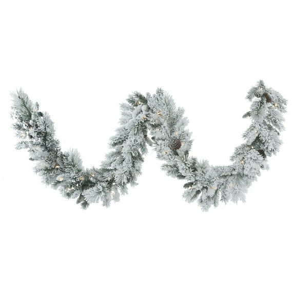 Vickerman 9' Flocked Ashton Pine Artificial Christmas Garland, Warm White Dura-lit LED Mini Lights