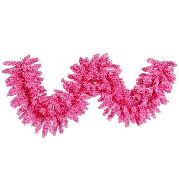 Vickerman 9' Flocked Pink Artificial Christmas Garland, Pink Dura-Lit LED lights.