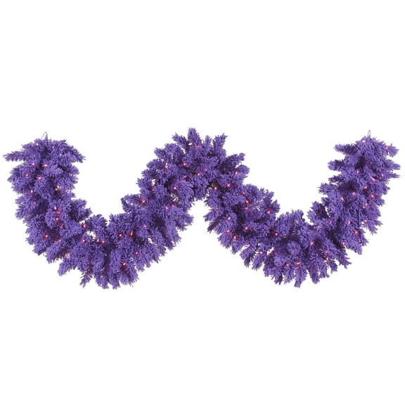 Vickerman 9' Flocked Purple Artificial Christmas Garland, Purple Dura-Lit LED lights.