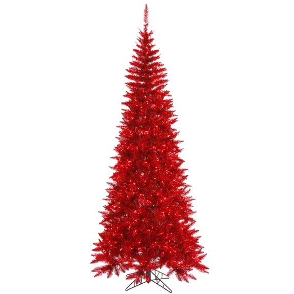 Vickerman 9' Tinsel Red Fir Slim Artificial Christmas Tree, Red Dura-lit LED Lights