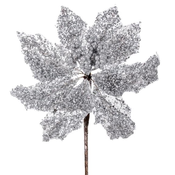 Vickerman L250107UV 9 in. Silver Glitter UV Poinsettia Stem, 3 per Bag