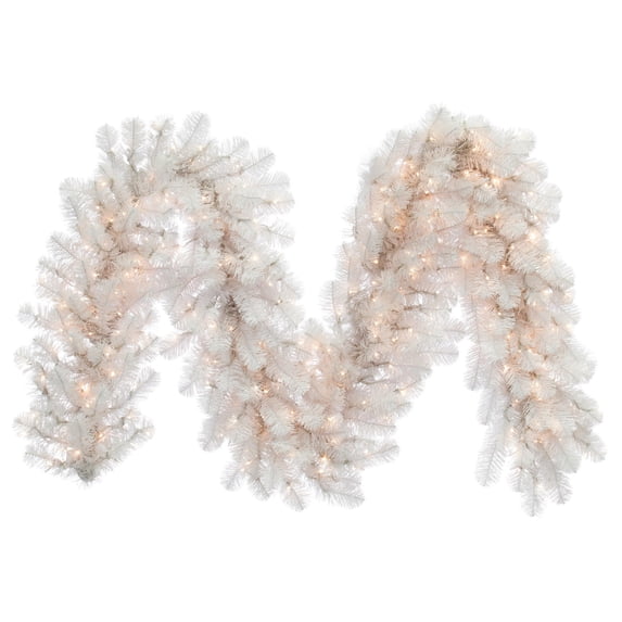 Vickerman 9' x 18" White Artificial Christmas Garland, Warm White LED 3MM 8 Function Lights