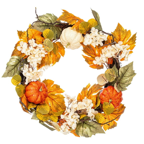 Vickerman Artificial 22" Orange Fall Pumpkin Hydrangea Wreath, Circular grapevine base.