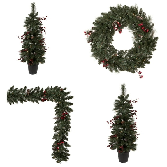Vickerman Artificial 4 Piece Decorated Front Door Set with 200 Battery Operated Warm White 3MM LED lights. Includes two 3.5' Potted Trees, one 30" Wreath and one 9' Garland. This incredible set featu