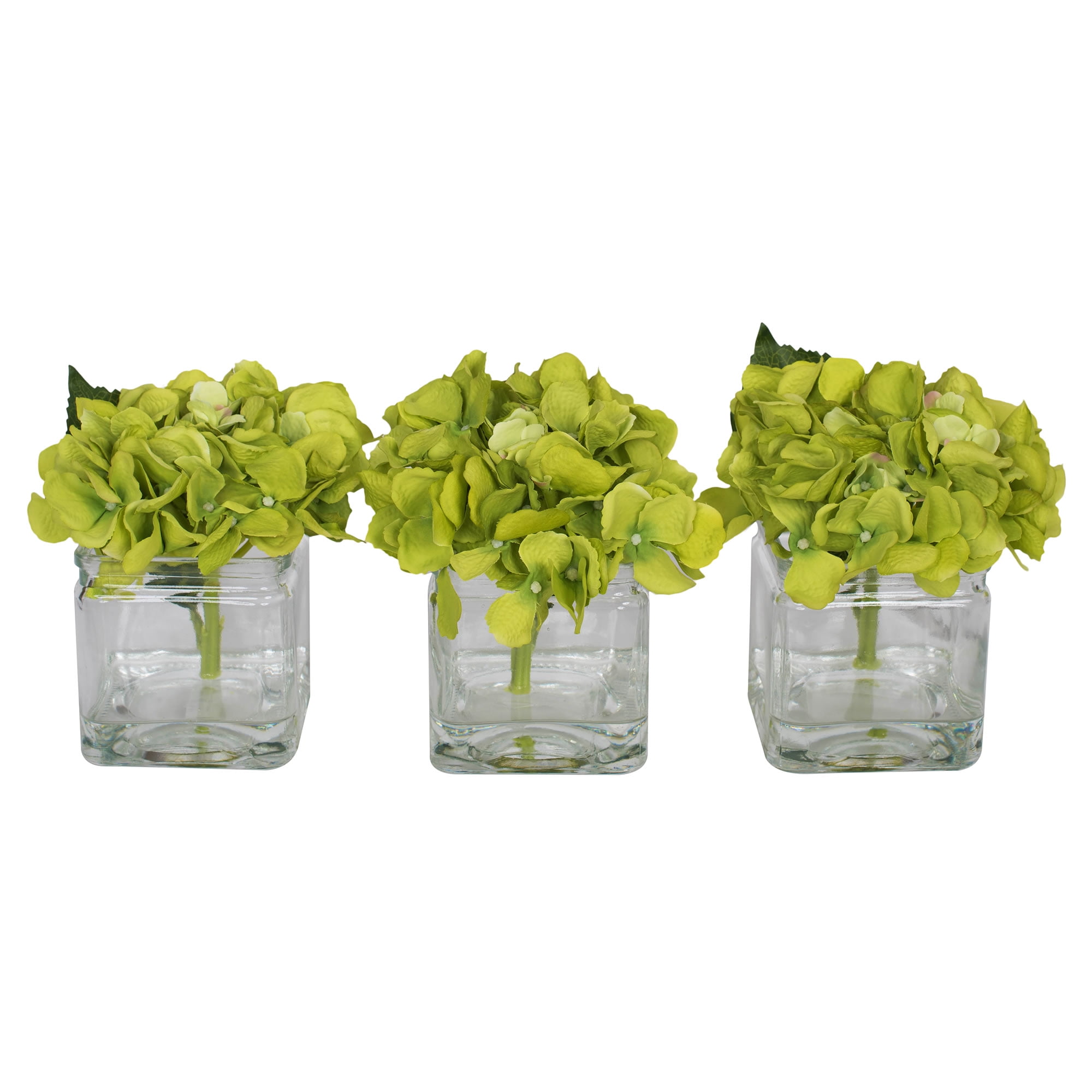 Set of Four Green Artificial Hydrangeas in Glass Cubes