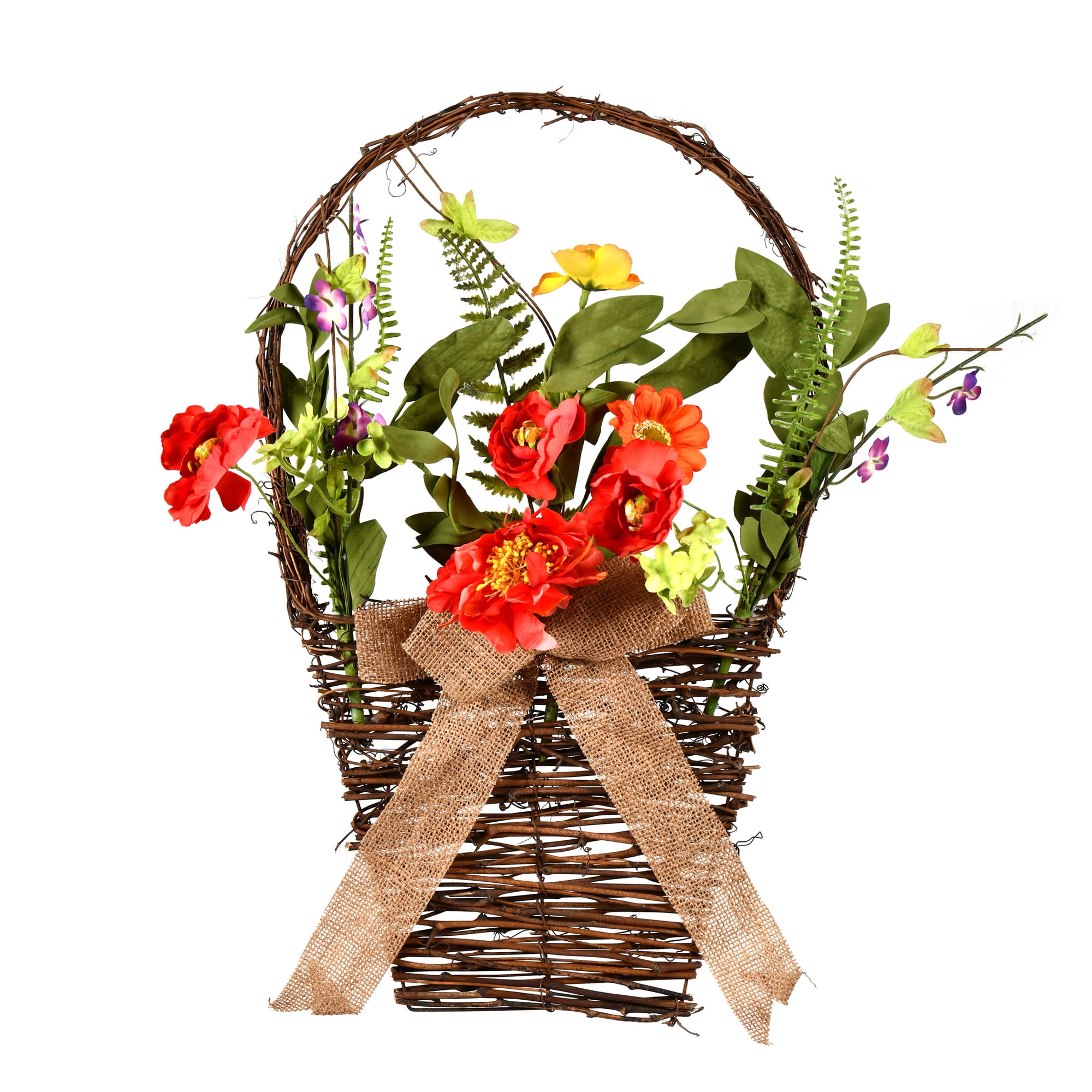 20" Coral and Orange Floral Basket with Mixed Greenery
