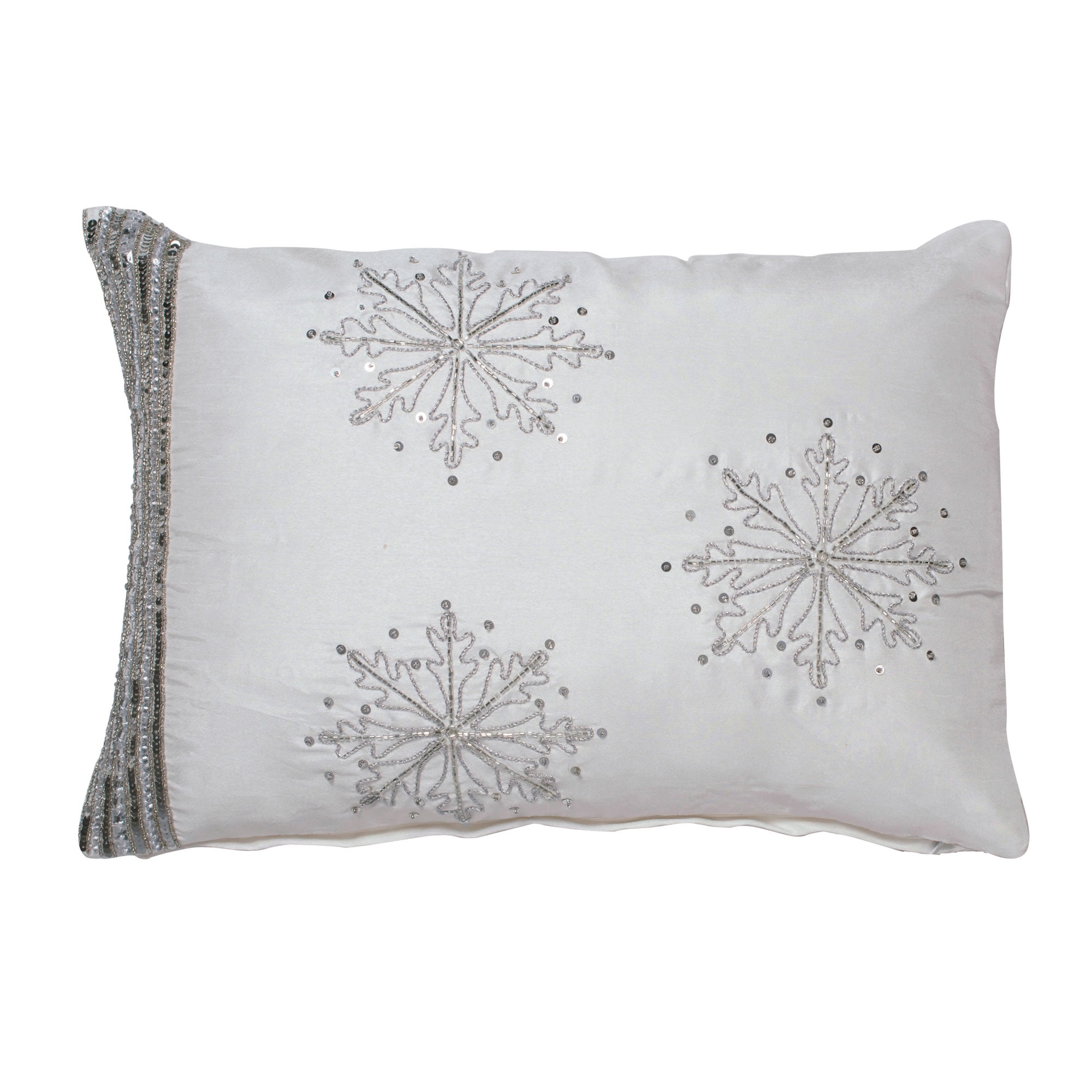 Luxurious White Polysilk Snowflake Pillow with Silver Sequins