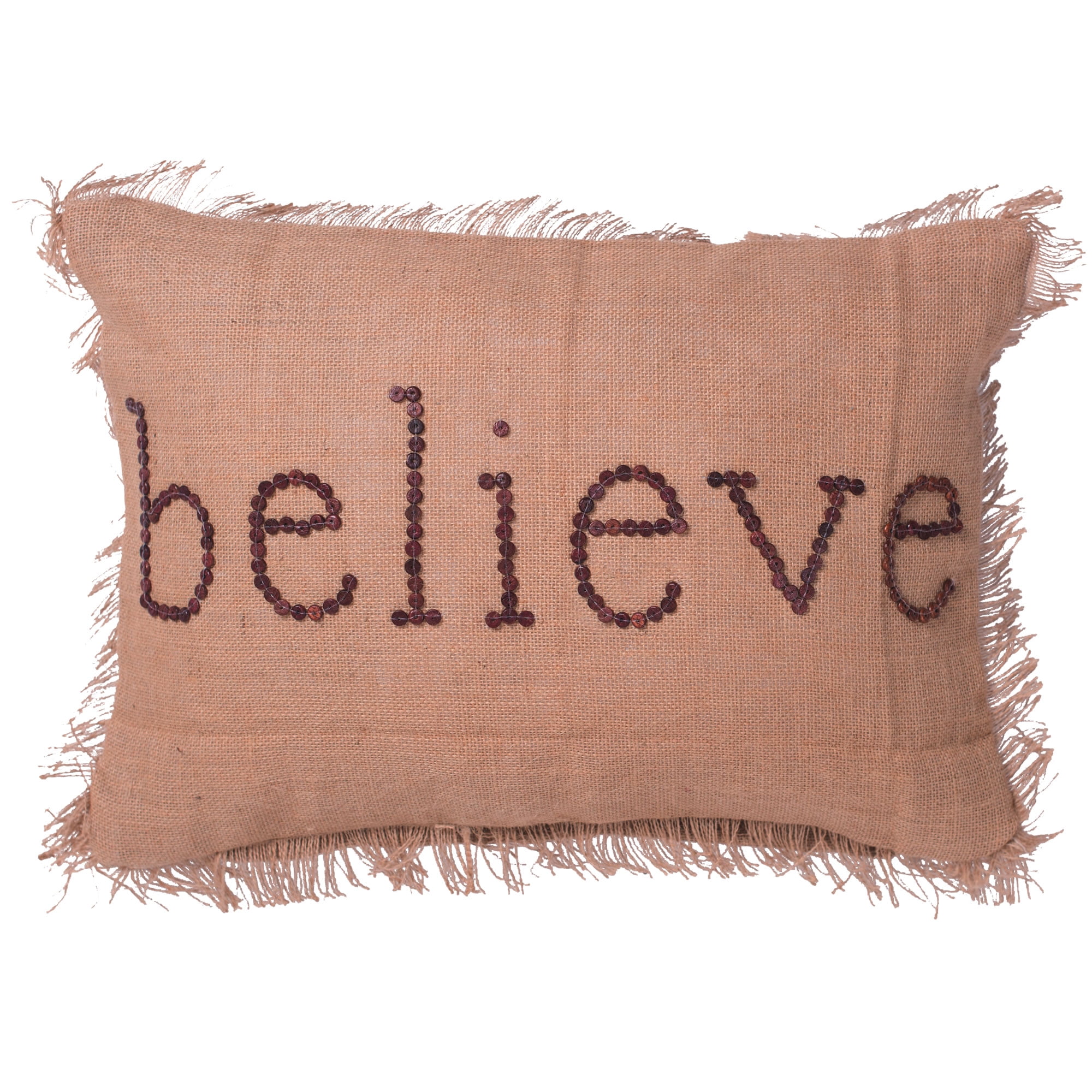 Rustic Burlap Believe Pillow with Wood Button Wording, 14" x 20"