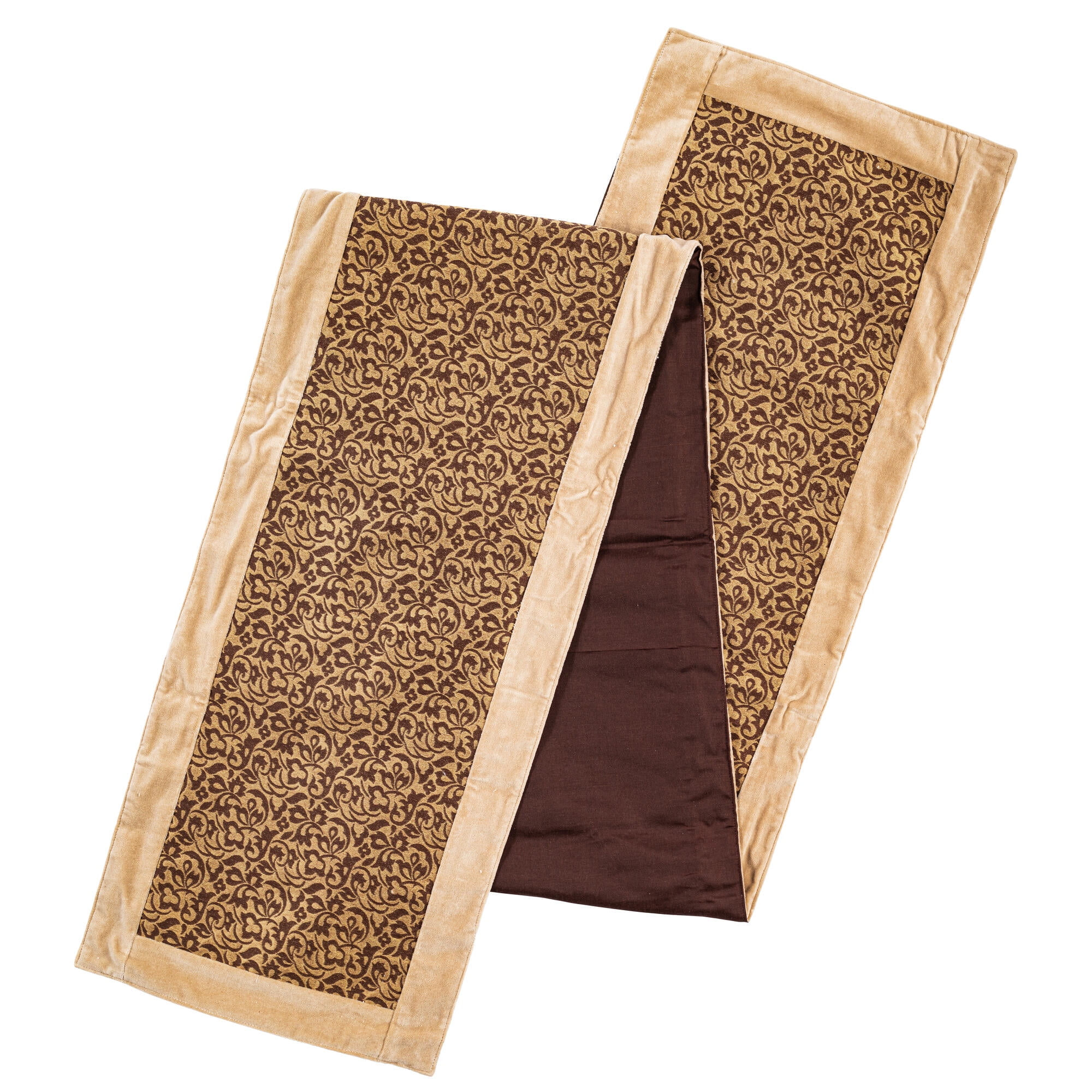 Elegant Brown and Beige Polyester Table Runner with Velvet Trim