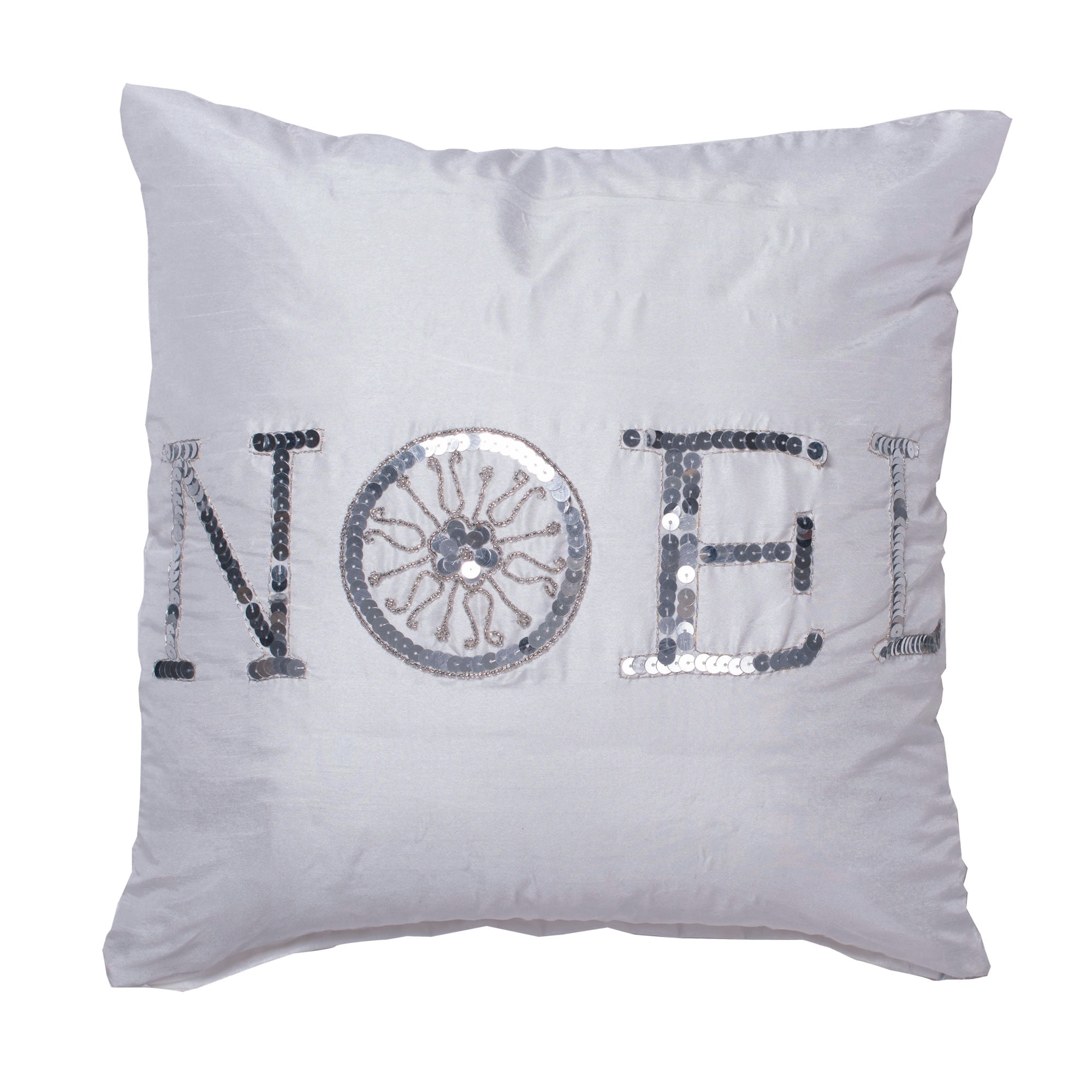White Polysilk 18" Square Pillow with Silver Sequin Noel Embroidery