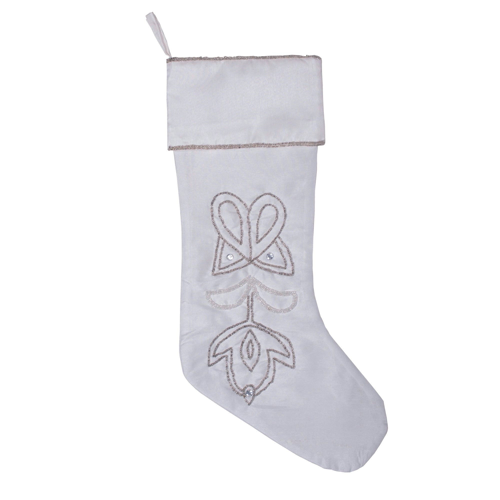 Luxurious White Polysilk Beaded Christmas Stocking 8" x 19"