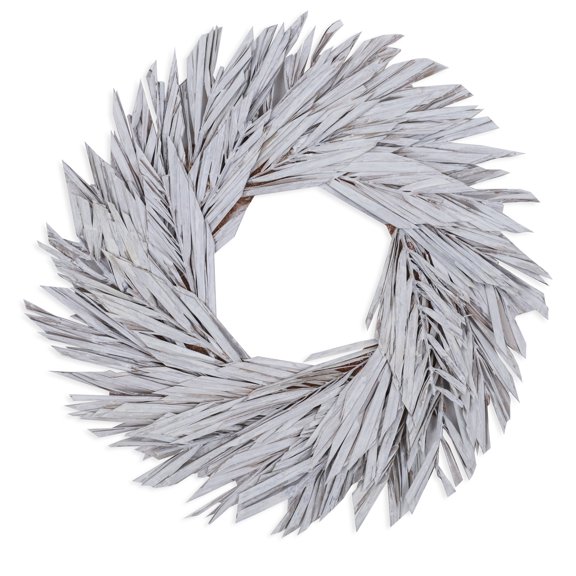 Vickerman Natural Botanicals 17" White Washed Canna Leaf Wreath.  This wreath measures 17 inches in diameter. It features white washed canna leaves on a coco fiber base. This is a dried and preserved
