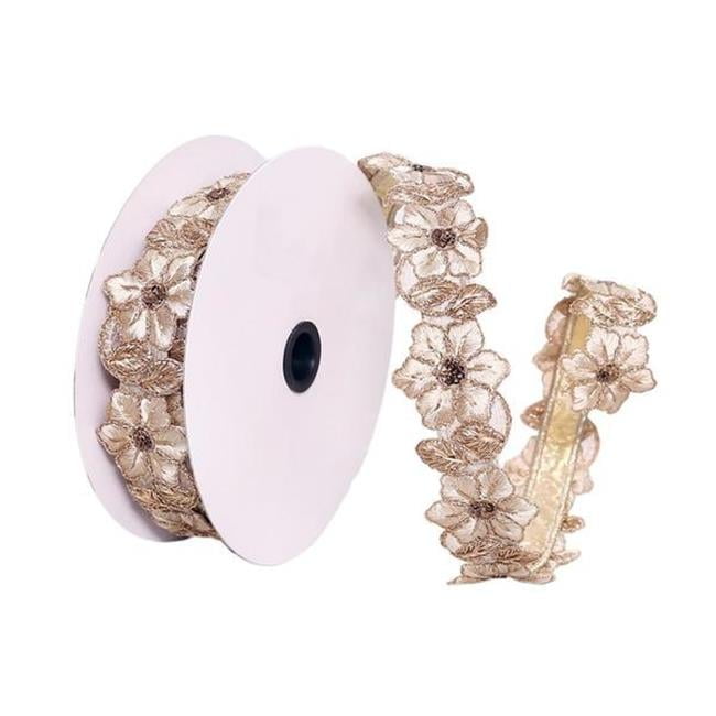 Vickerman Q221736 1.5 in. x 5 Yard Beige & Gold Flower Wired Edge Christmas Ribbon