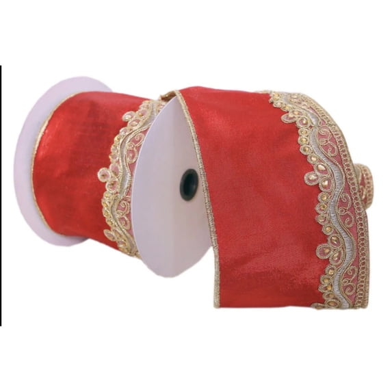 Vickerman Q222522 4 in. x 5 Yard Red with Gold Embroider One-Side Wired Edge Christmas Ribbon