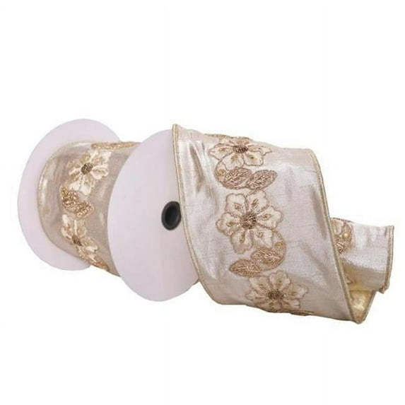 Vickerman Q222749 4 in. x 5 Yard Champagne & Gold Floral Wired Edge Christmas Ribbon