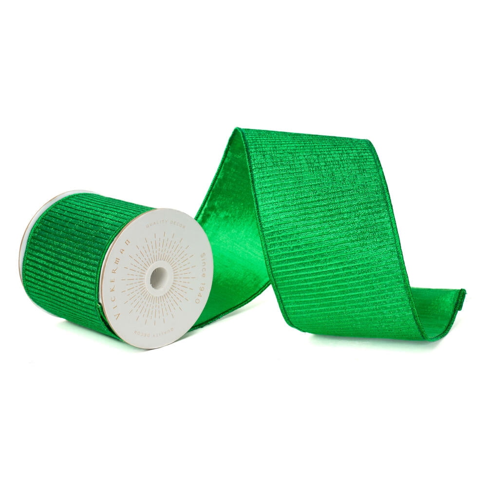 Vickerman QK240130 4 in. x 10 Yards Green Metallic Pleated Strip Wired Ribbon