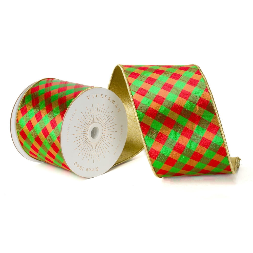 Vickerman QK240335 4 in. x 10 Yards Red Green Diagonal Check Gold Wired Ribbon