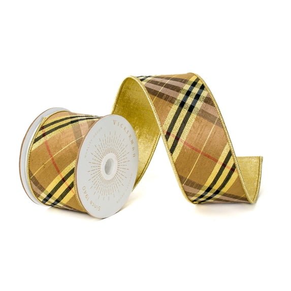 Vickerman QK240560 2.5 in. x 10 Yards Gold Black Diagonal Plaid Gold Wired Ribbon