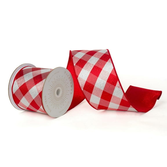 Vickerman QK240710 4 in. x 10 Yards Red Silver Metallic Diagonal Wired Ribbon