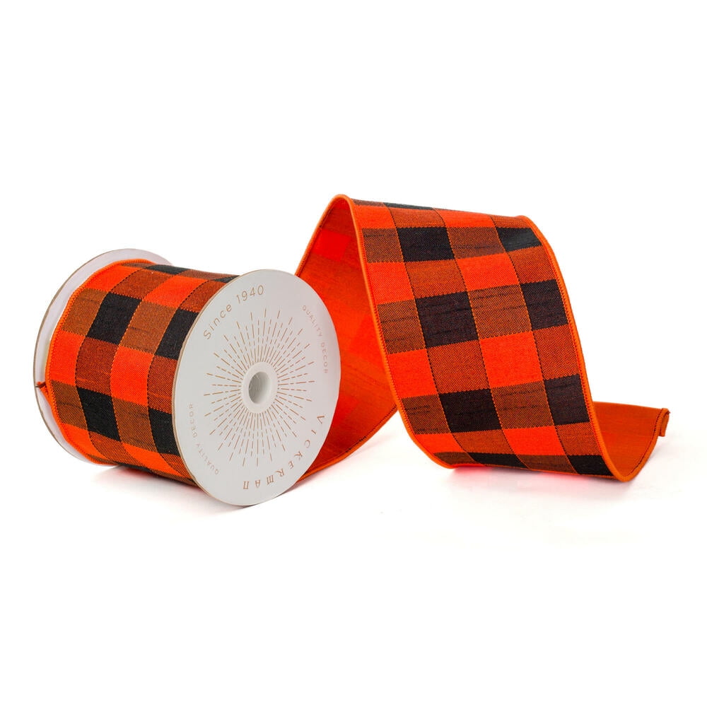 Vickerman QK240715 4 in. x 10 Yards Orange Black Buffalo Check Wired Ribbon