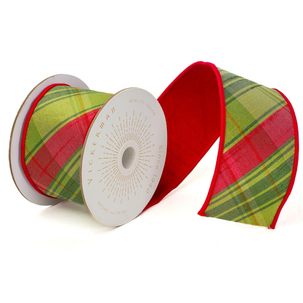 Vickerman QK240945 2.5 in. x 10 Yards Red Green Diagonal Plaid Wired Ribbon
