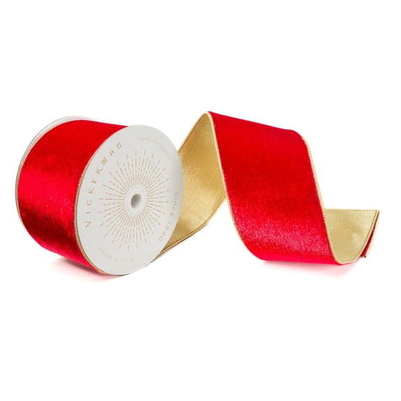 Vickerman QK241175 4 in. x 10 Yards Red Shiny Velvet Gold Trim Wired Ribbon