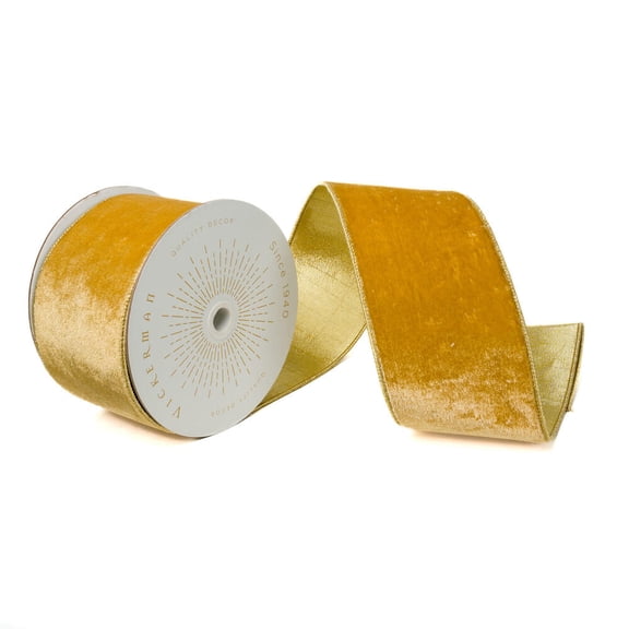 Vickerman QK242175 4 in. x 10 Yards Gold Shiny Velvet Gold Trim & Back Wired Ribbon
