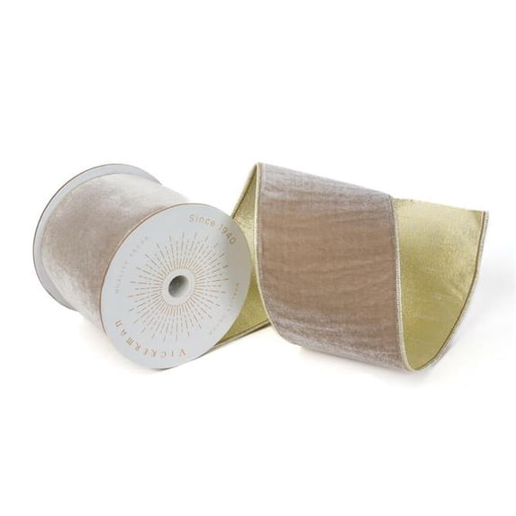 Vickerman QK242325 4 in. x 10 Yards Champagne Velvet Back Wired Ribbon