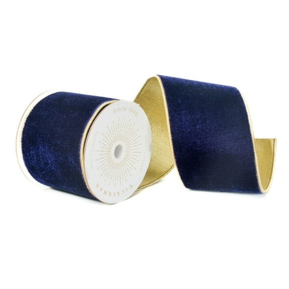 Vickerman QK242575 4 in. x 10 Yards Navy Blue Velvet Gold Trim & Back Wired Ribbon
