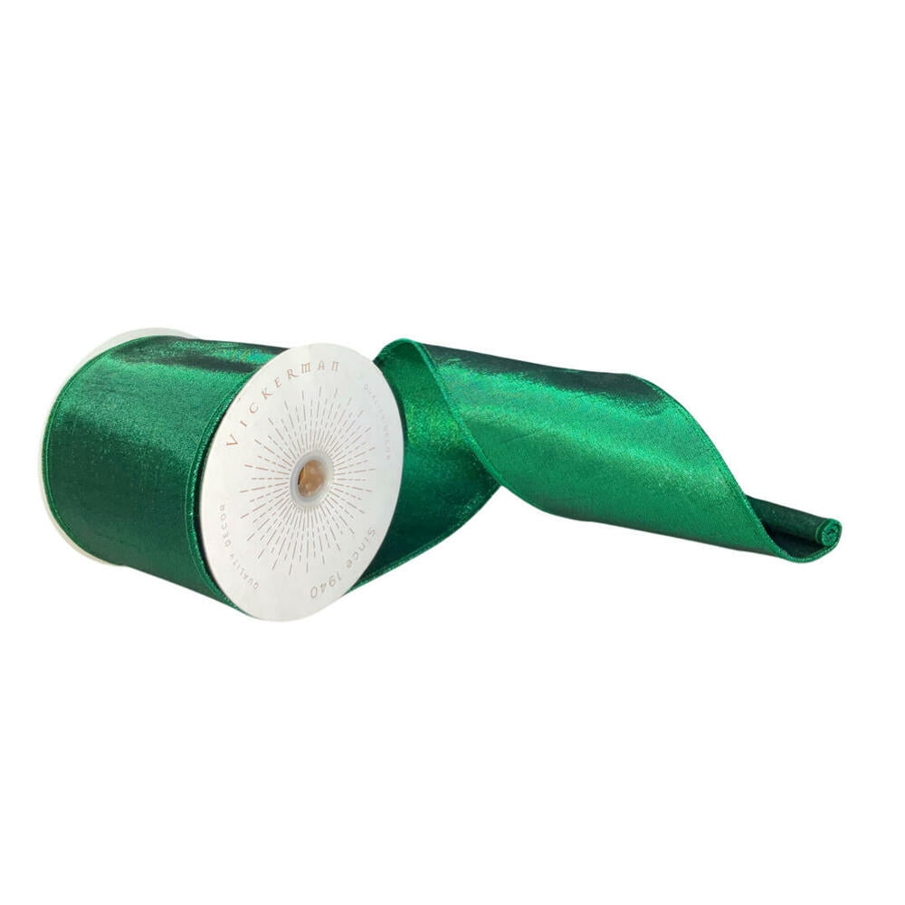 Vickerman QTX24025 4 in. x 10 yards Metallic Christmas Ribbon, Green
