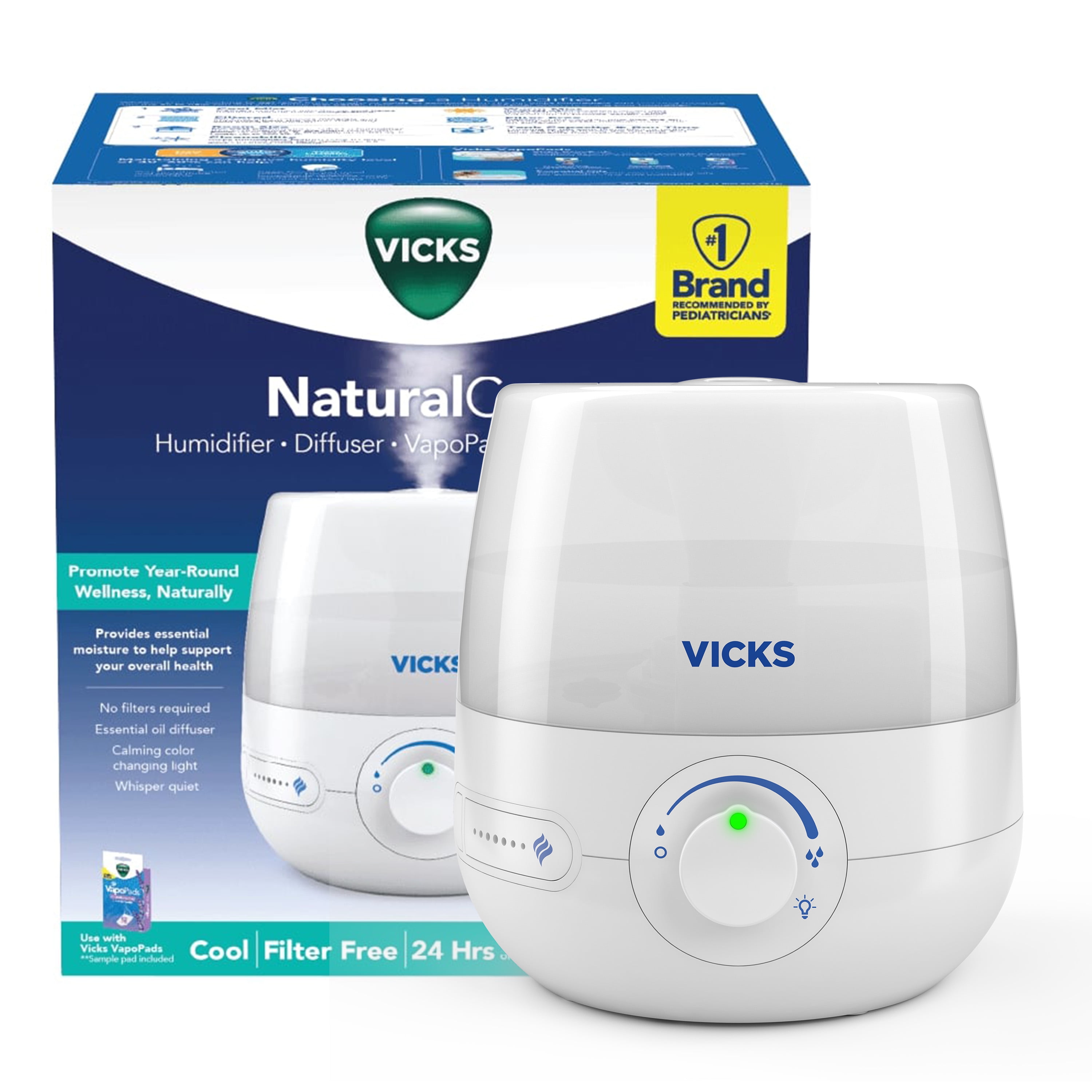 Vicks 0.6 Gallon Natural Care Cool Mist Ultrasonic Humidifier, 200 sq ft, White, VUL530