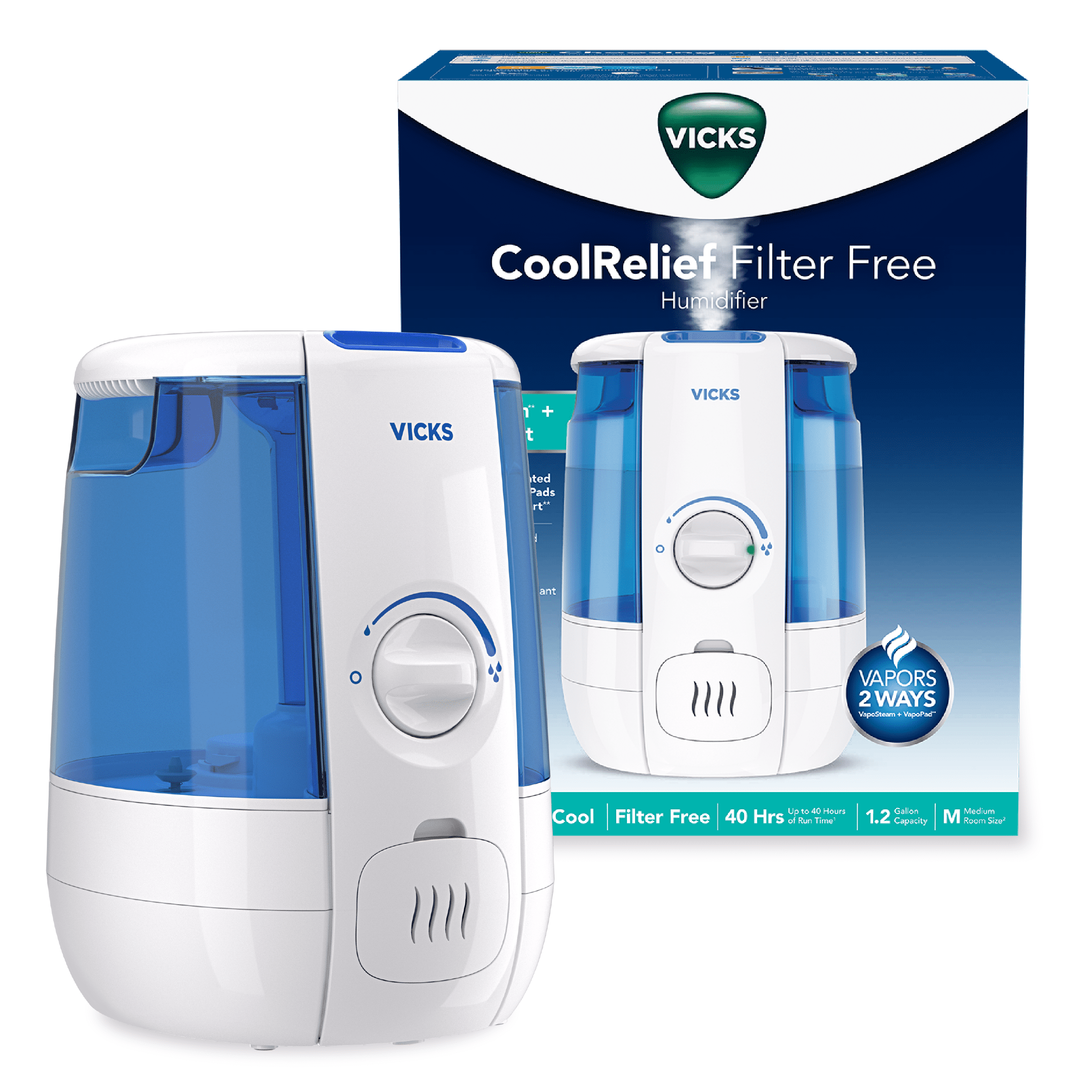 Vicks 1.2 Gallon Cool Relief Filter Free Ultrasonic Humidifier, 400 sq ft,  VUL600