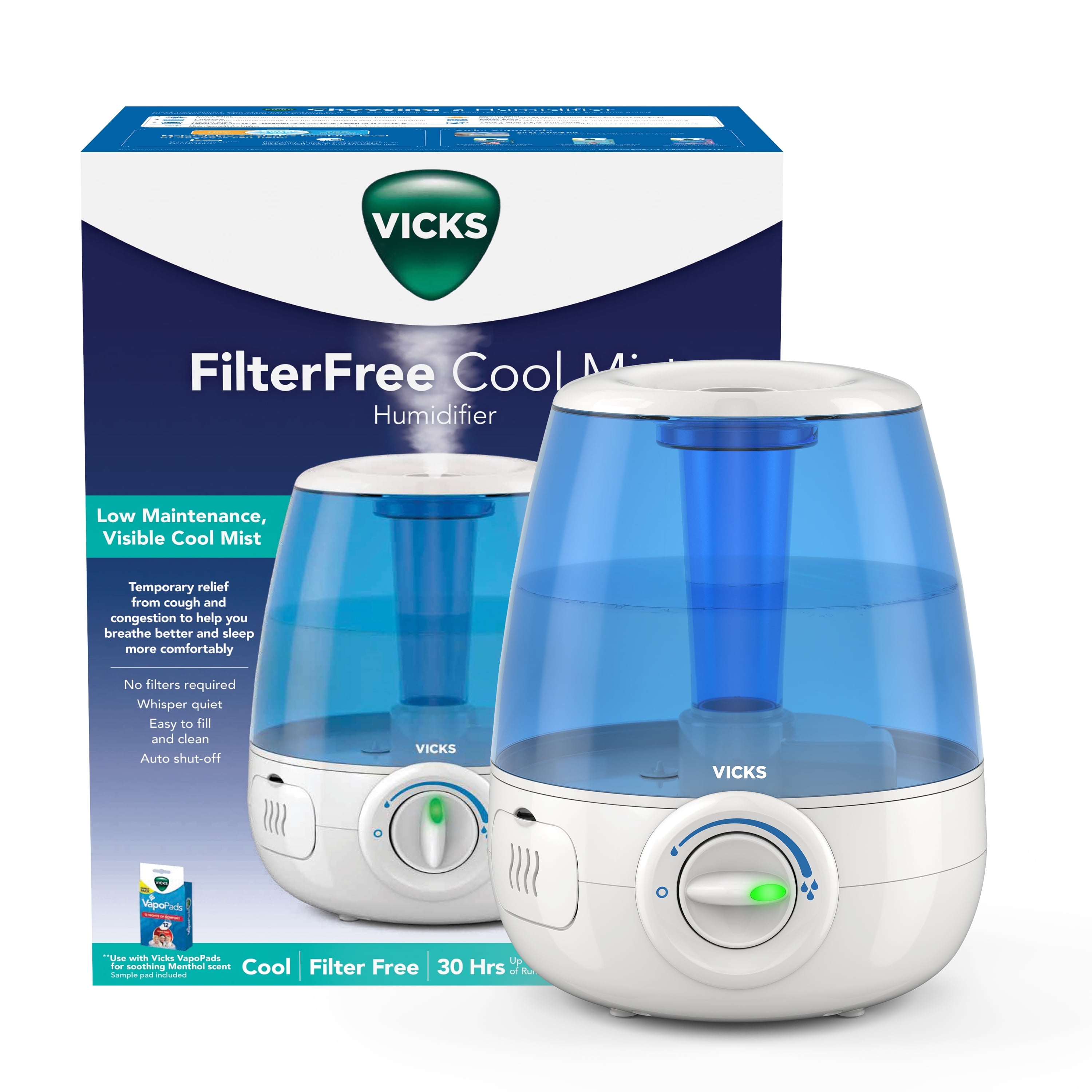Vicks 1.2 Gallon Filter-Free Cool Mist Humidifier, 200 sq ft, Blue, V4600