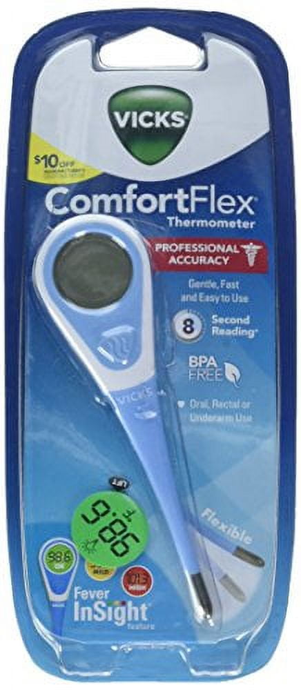 Vicks ComfortFlex Digital Thermometer 1 EA Digital Thermometer for Kids or Adults, for Rectal, Oral or Underarm Use, Color Coded Digital Display Indicates Fever