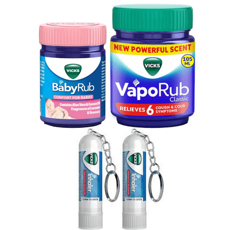 Vicks BabyRub 50ml + VapoRub 105ml + 2 Vicks Inhalers 0.5ml – Complete Family Pack