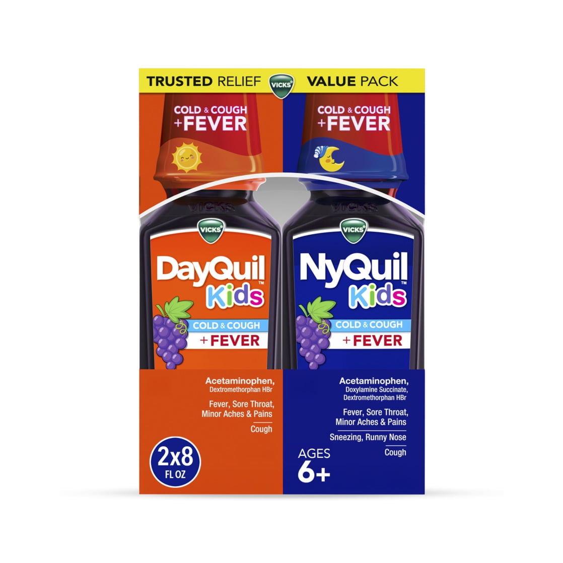 VICKS DayQuil/NyQuil Kids Grape Cold & Cough + Fever Co-Pack, Ages 6+, 2x8oz