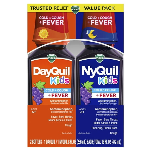 Vicks DayQuil & NyQuil Kids Cold and Cough Liquid, Fever Reducer Medicine for Children, Grape 8 Fl oz