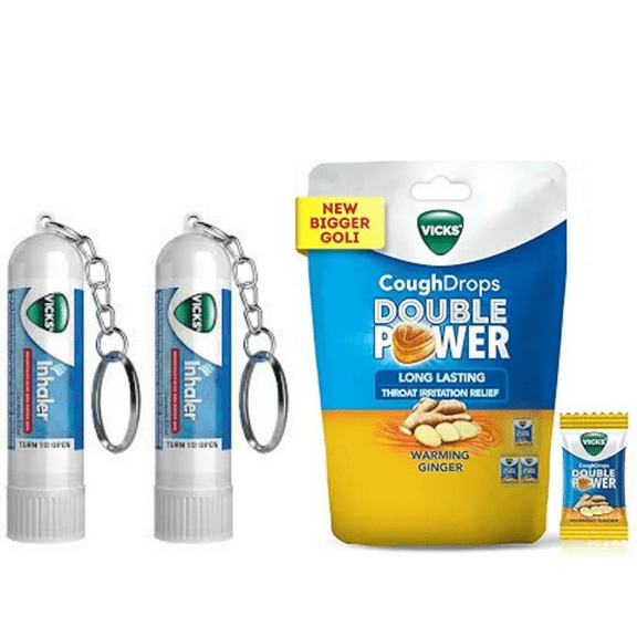 Vicks Cough Drops Double Power 25 Ct & 2 Vicks Inhalers 0.5ml Bundle for Throat & Cold Relief