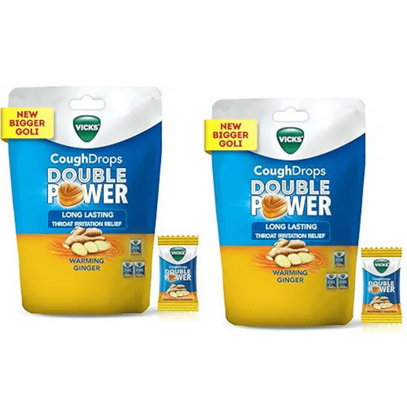Vicks Cough Drops Double Power New & Improved, 25 Count 2-Pack Total 50 Cough Drops Warming Ginger for Throat Relief