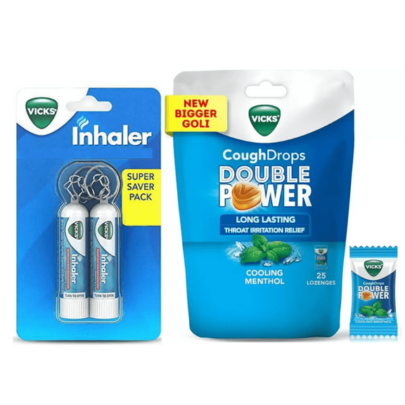 Vicks Cough Drops Menthol 25 Ct + Vicks Inhaler With Keychain 2Ct-Value Pack (0.5 ml Each) | Cooling Menthol Set