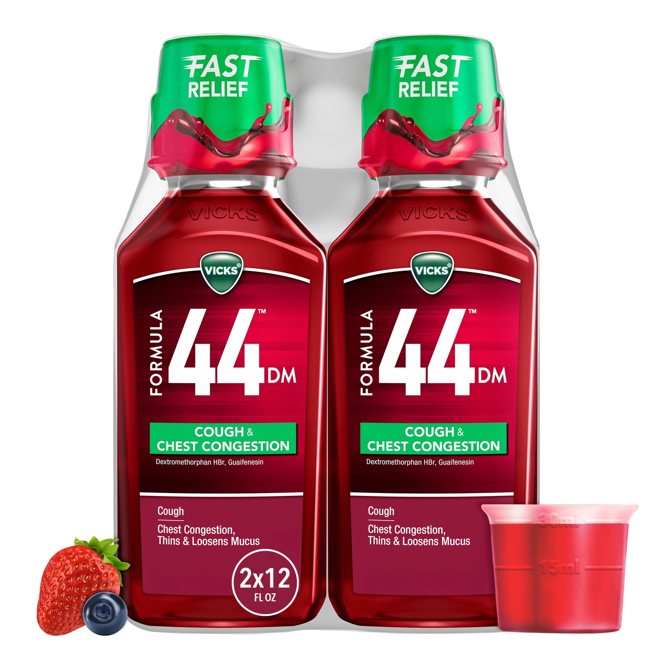 Vicks Formula 44 DM Cough & Congestion Liquid, Cough Medicine for Adults, Berry, 2x12 fl oz