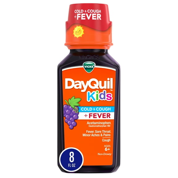 VICKS DayQuil Kids Grape Cold & Cough + Fever Multi-Symptom Relief Liquid, For Kids Ages 6+, 8 oz