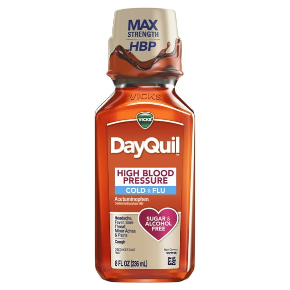 Vicks DayQuil Cold and Flu Liquid, High Blood Pressure Cold Medicine, Decongestant-Free, 8 Fl oz
